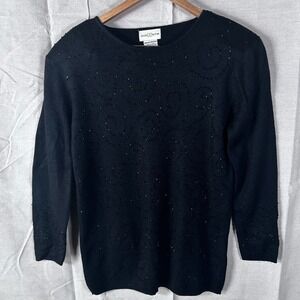 Jaclyn Smith Black Silk Angora Blend Beaded Swirl Knit Sweater Women Medium